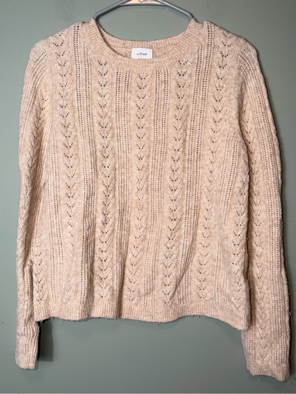Wilfred Cream Cable-Knit Crewneck Sweater Large Wool Blend